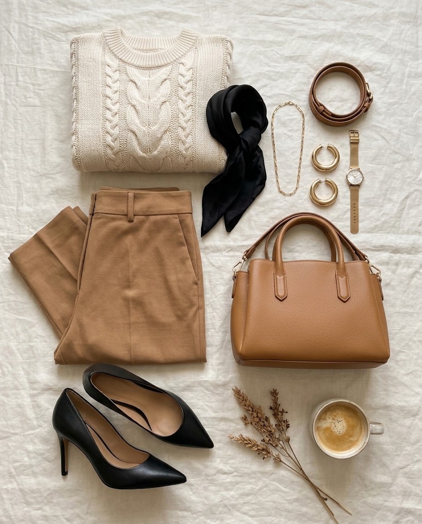 Krem triko kazak, camel pantolon, siyah stiletto, camel çanta ve altın takılardan oluşan kombin